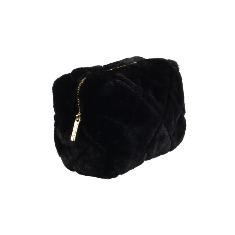 Dark FAUX FUR QUILTED MAKE-UP POUCH SMALL BLACK