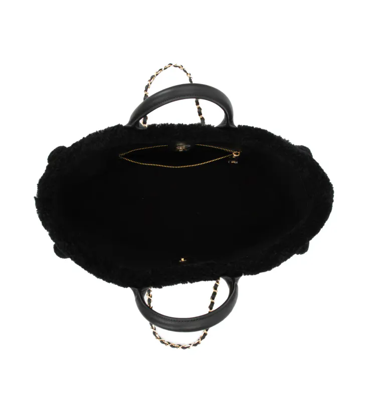 Dark LEATHER TOTE BAG W/SHEARLING BLACK