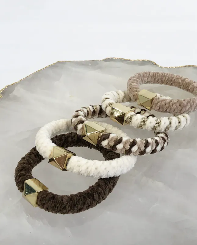 Dark FLUFFY FAT HAIR TIE W/GOLD OFF WHITE STRIPES