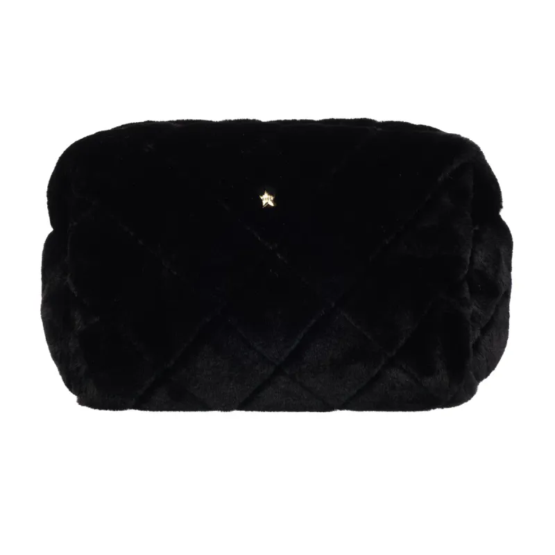 Dark FAUX FUR QUILTED MAKE-UP POUCH LARGE BLACK