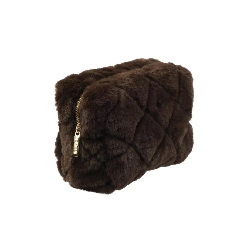 Dark FAUX FUR QUILTED MAKE-UP POUCH SMALL CHOCOLATE BROWN